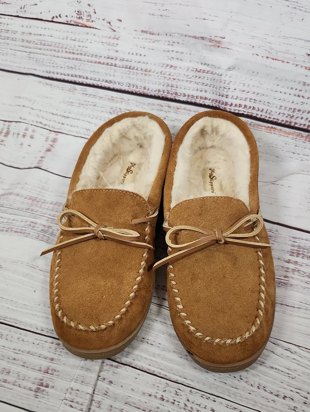 My Slippers Men's Suede Moccasin Slippers with Faux Fur Lining - Tan